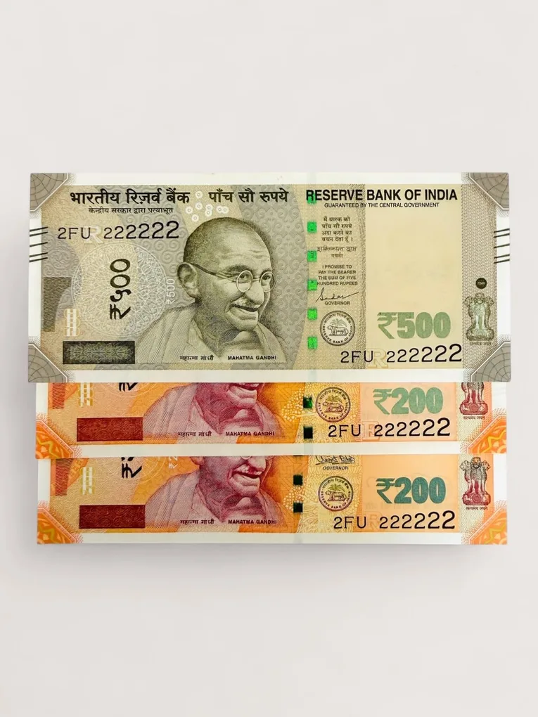 Rs 200 and 500 Ultra Unique Pair Set of Banknotes Same Number 2FU 222222 Gem UNC Unique and Rare