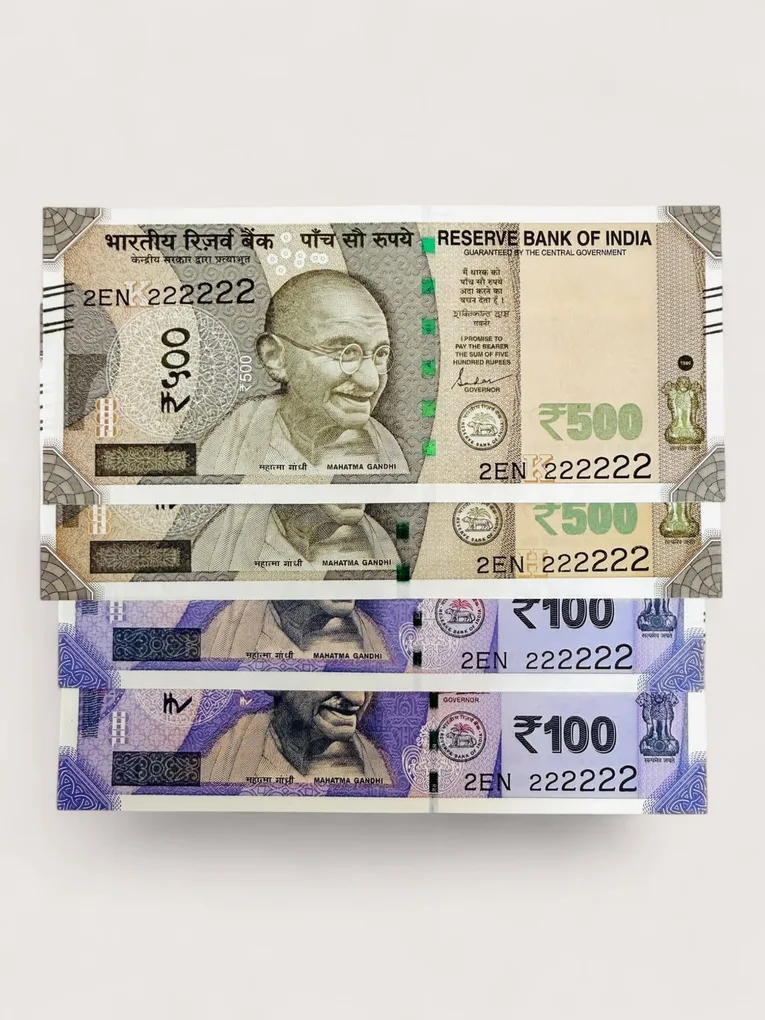 Rs 100 and 500 Ultra Unique Pair Set of Banknotes Same Number 2EN 222222 Gem UNC Unique and Rare