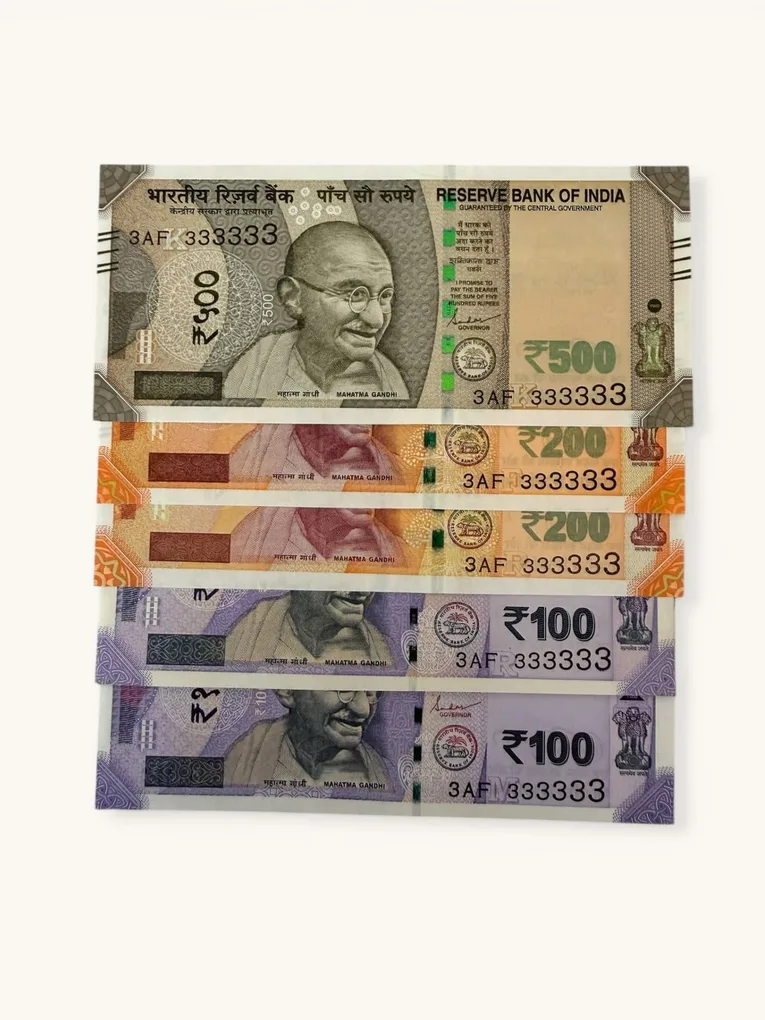 Rs 100 to 500 Ultra Unique Pair Set of Banknotes Same Number 3AF 333333 Gem UNC Unique and Rare