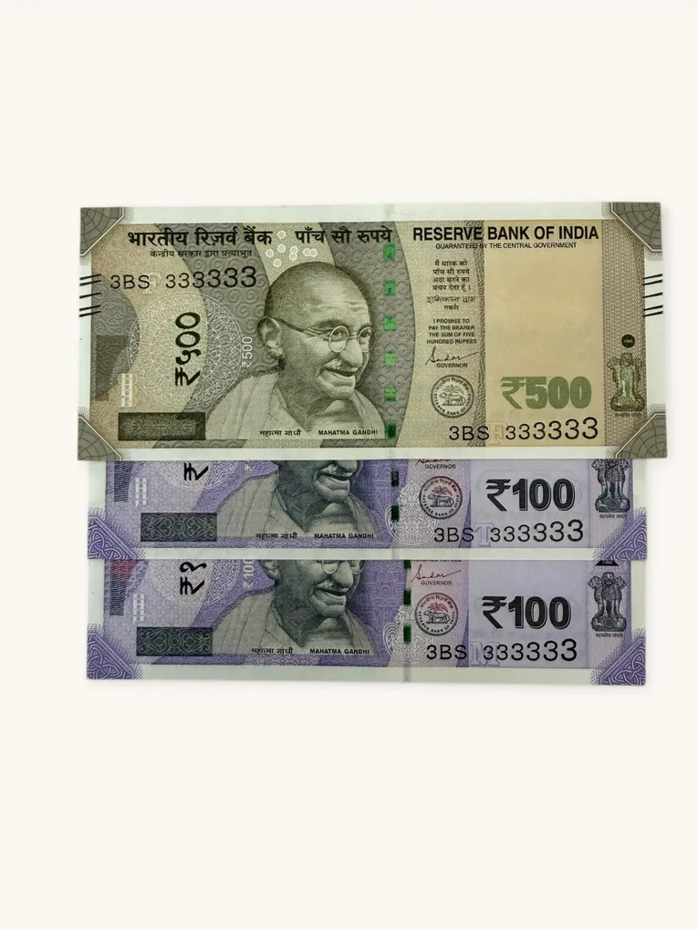 Rs 100 to 500 Ultra Unique Pair Set of Banknotes Same Number 3BS 333333 Gem UNC Unique and Rare