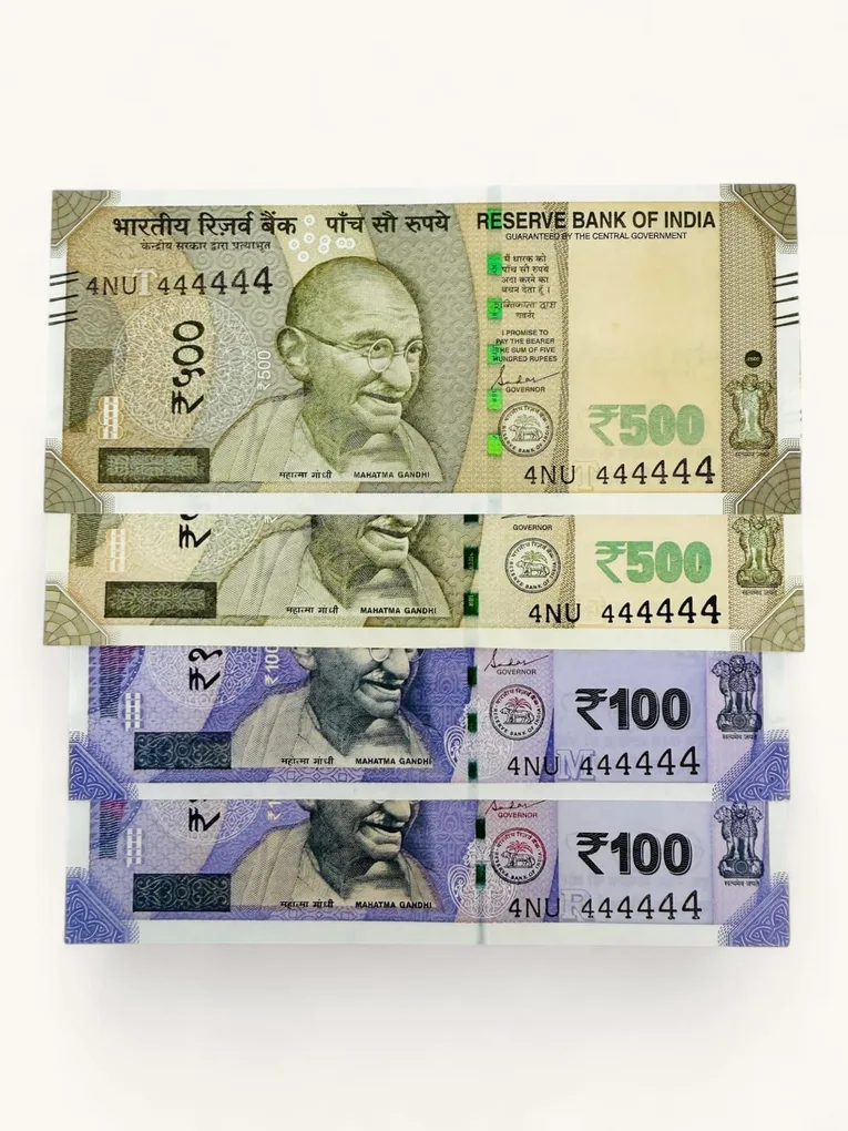 Rs 500 to 100 Ultra Unique Pair Set of Banknotes Same Number 4NU 444444 Gem UNC Unique and Rare