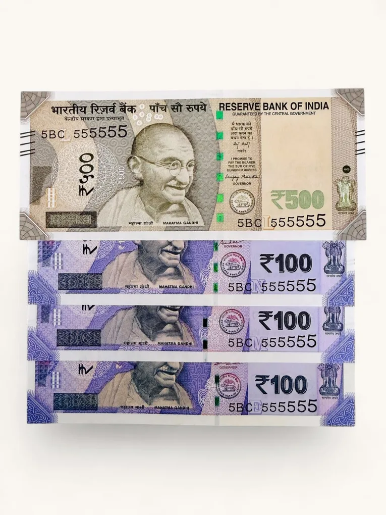 Rs 100 to 500 Ultra Unique Pair Set of Banknotes Same Number 5BC 555555 Gem UNC Unique and Rare