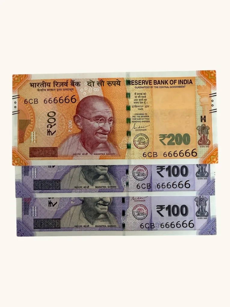 Rs 100 to 200 Ultra Unique Pair Set of Banknotes Same Number 6CB 666666 Gem UNC Unique and Rare