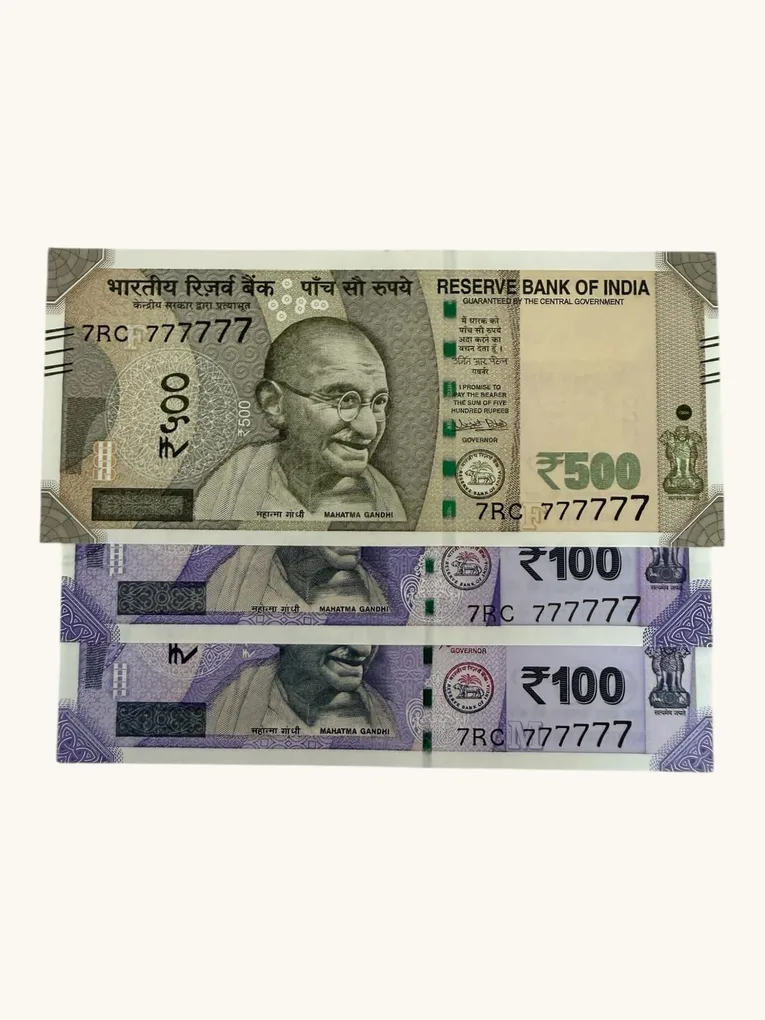 Rs 100 to 500 Ultra Unique Pair Set of Banknotes Same Number 7RC 777777 Gem UNC Unique and Rare
