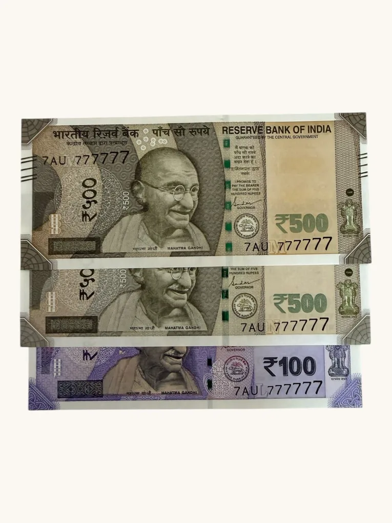 Rs 100 to 500 Ultra Unique Pair Set of Banknotes Same Number 7AU 777777 Gem UNC Unique and Rare