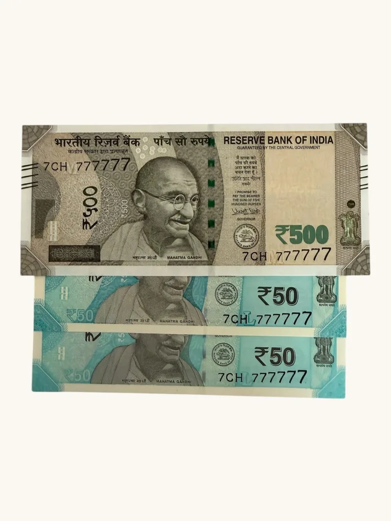 Rs 50 to 500 Ultra Unique Pair Set of Banknotes Same Number 7CH 777777 Gem UNC Unique and Rare