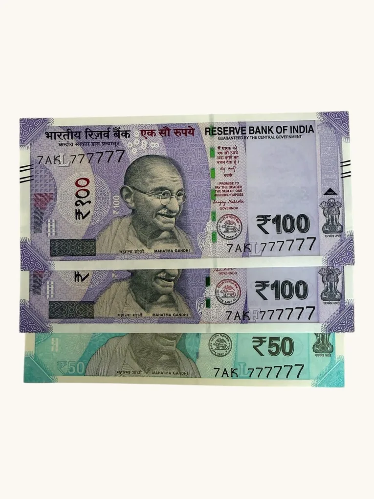 Rs 50 to 100 Ultra Unique Pair Set of Banknotes Same Number 7AK 777777 Gem UNC Unique and Rare