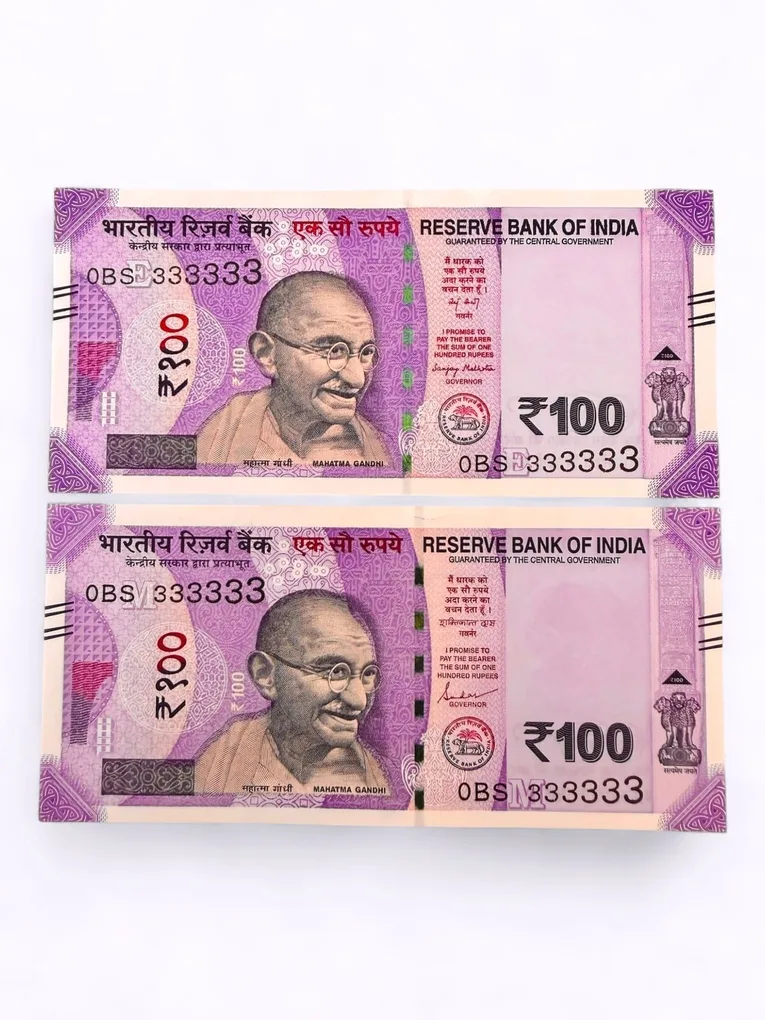 Rs 100 India Banknote Twin Set Same Number 0BS 333333 Unc Unique and Rare