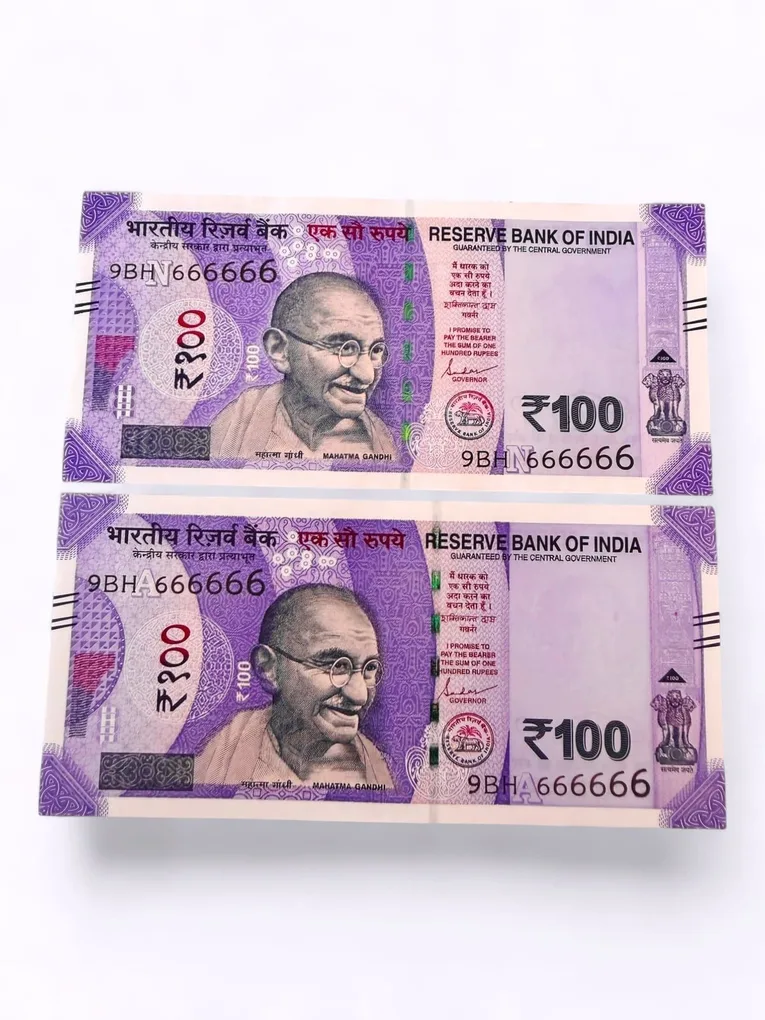 Rs 100 India Banknote Twin Set Same Number 9BH 666666 Unc Unique and Rare