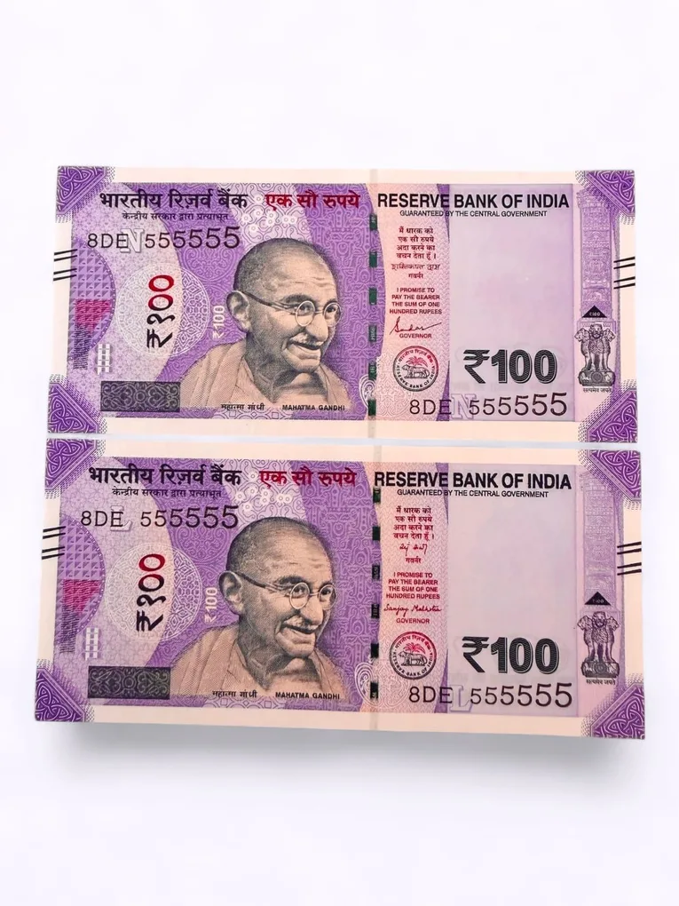 Rs 100 India Banknote Twin Set Same Number 8DE 555555 Unc Unique and Rare