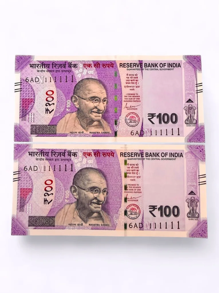 Rs 100 India Banknote Twin Set Same Number 6AD 111111 Unc Unique and Rare