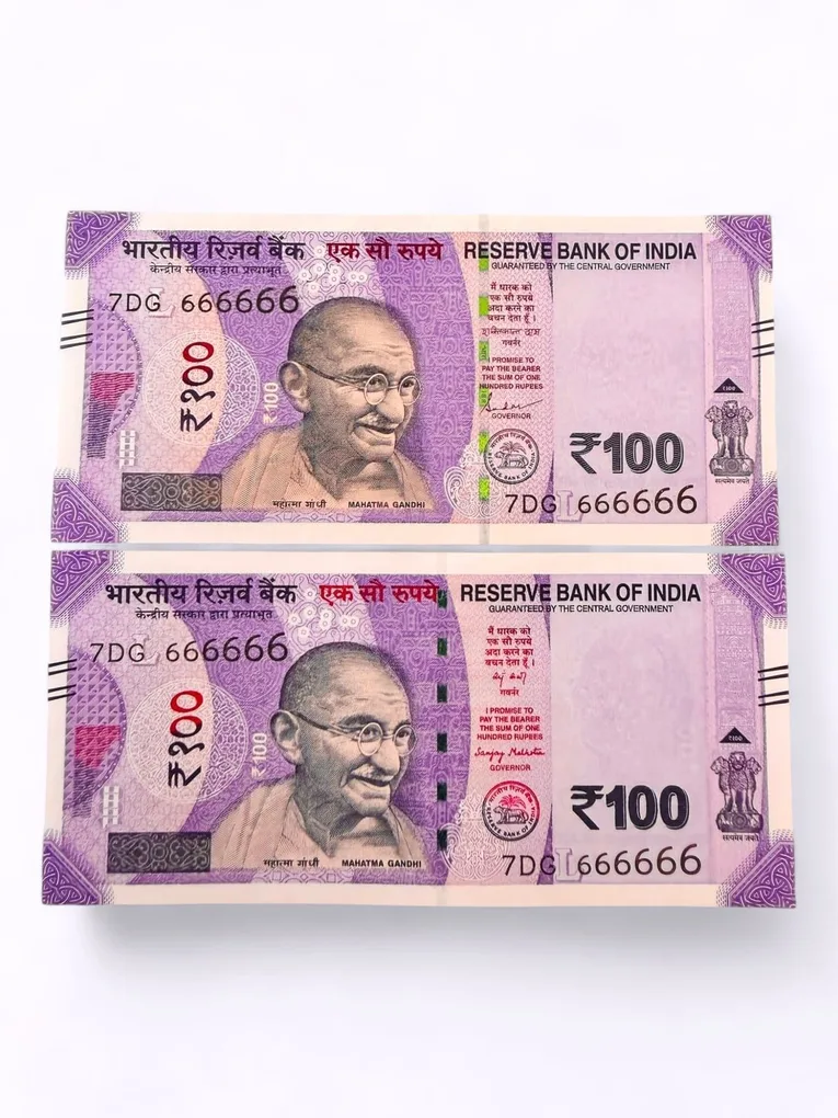 Rs 100 India Banknote Twin Set Same Number 7DG 666666 Unc Unique and Rare