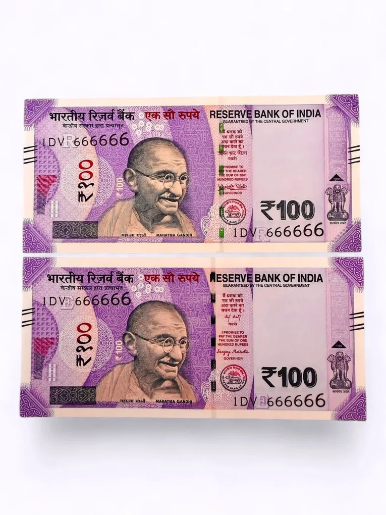 Rs 100 India Banknote Twin Set Same Number 1DV 666666 Unc Unique and Rare