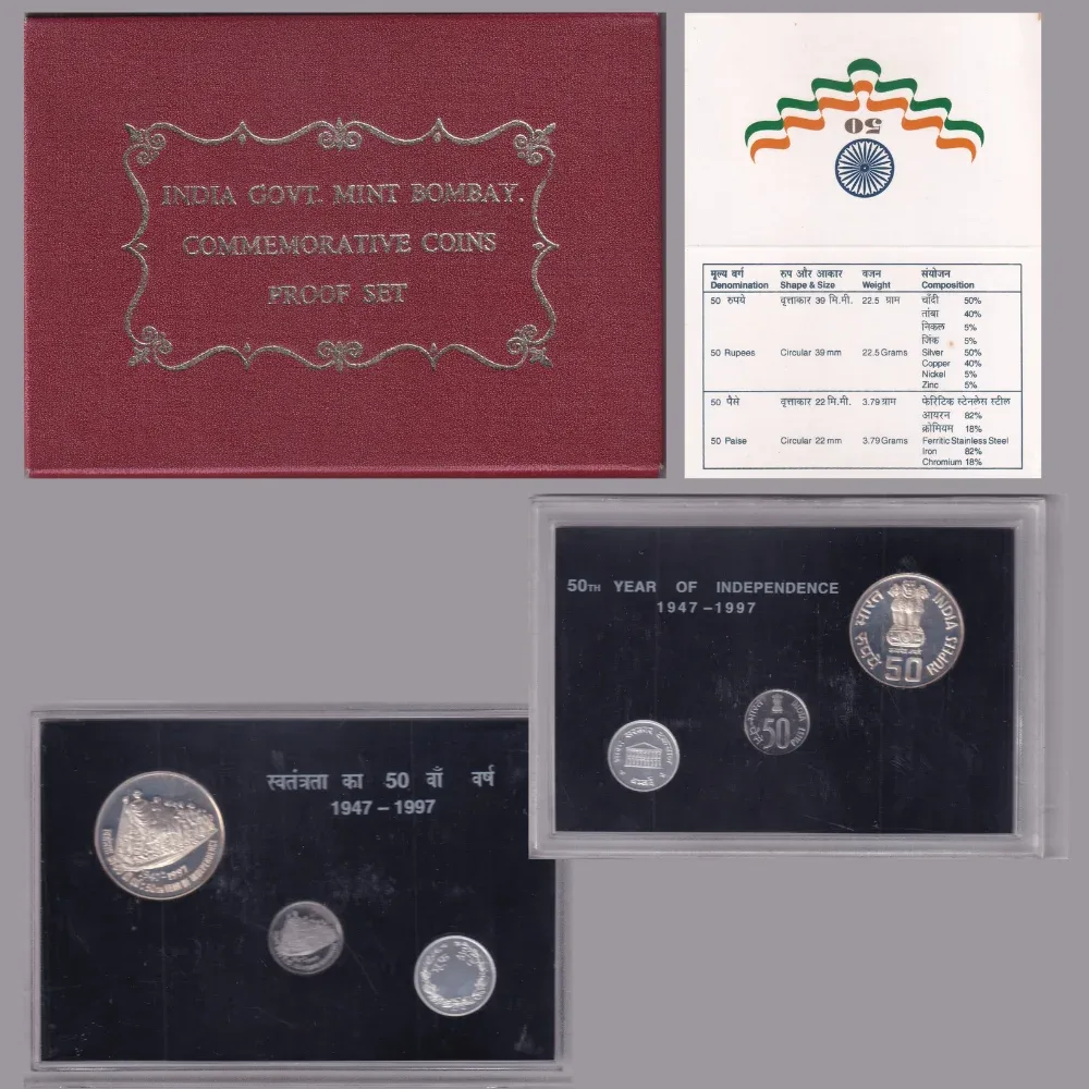 50th YEAR OF INDEPENDENCE  1947-1997 INDIA GOVT. MINT BOMBAY COMMEMORATIVE VIP 3 COINS PROOF SET RARE