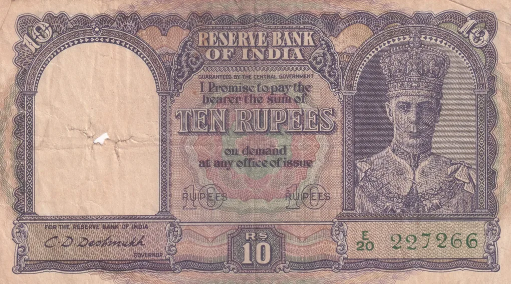 King George VI British India 10 Rupees Front Face C D Deshmukh Sign Note #3