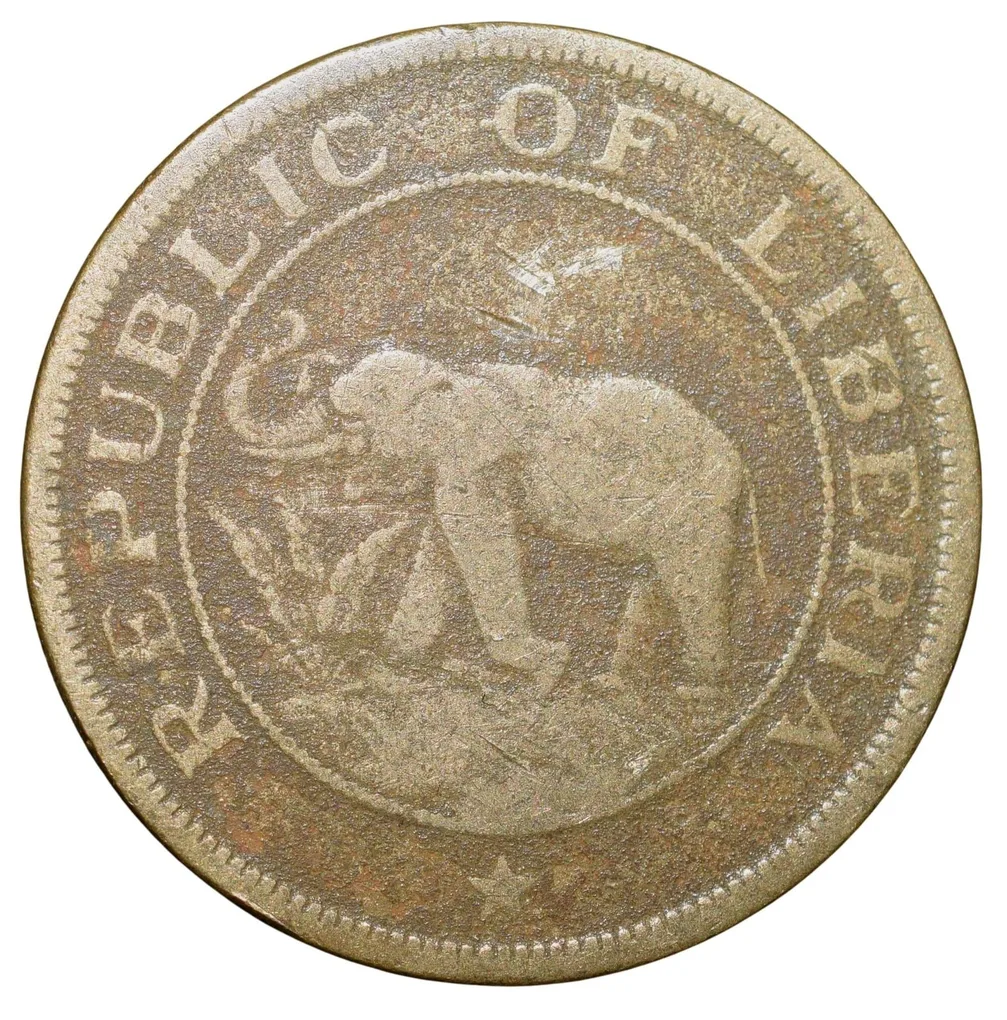 Old Nickel-Brass 2 Cents of Liberia (AD 1937) with Elephant/Palm Tree