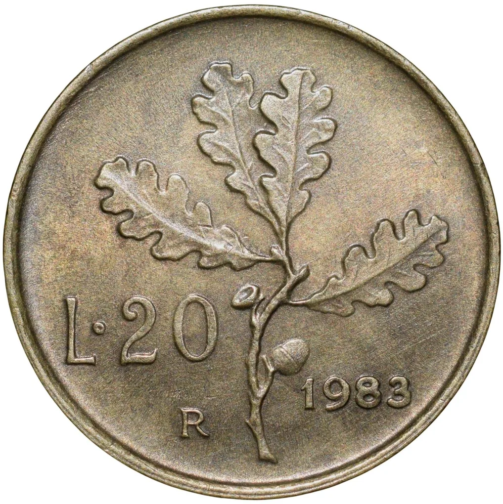 Brass 20 Lira of Italy Country (AD 1983) with Oak Leaves Scarce