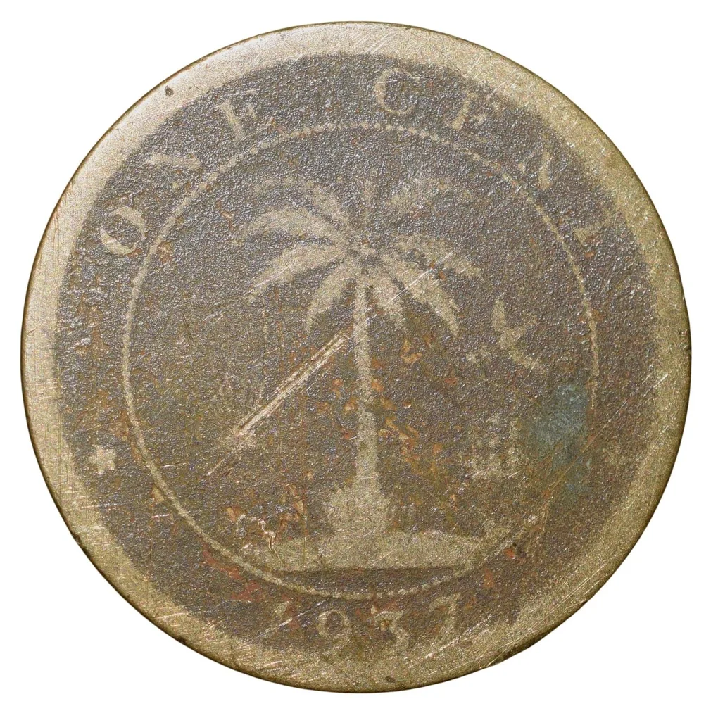 Old Nickel-Brass 1 Cent of Liberia (AD 1937) with Elephant/Palm Tree
