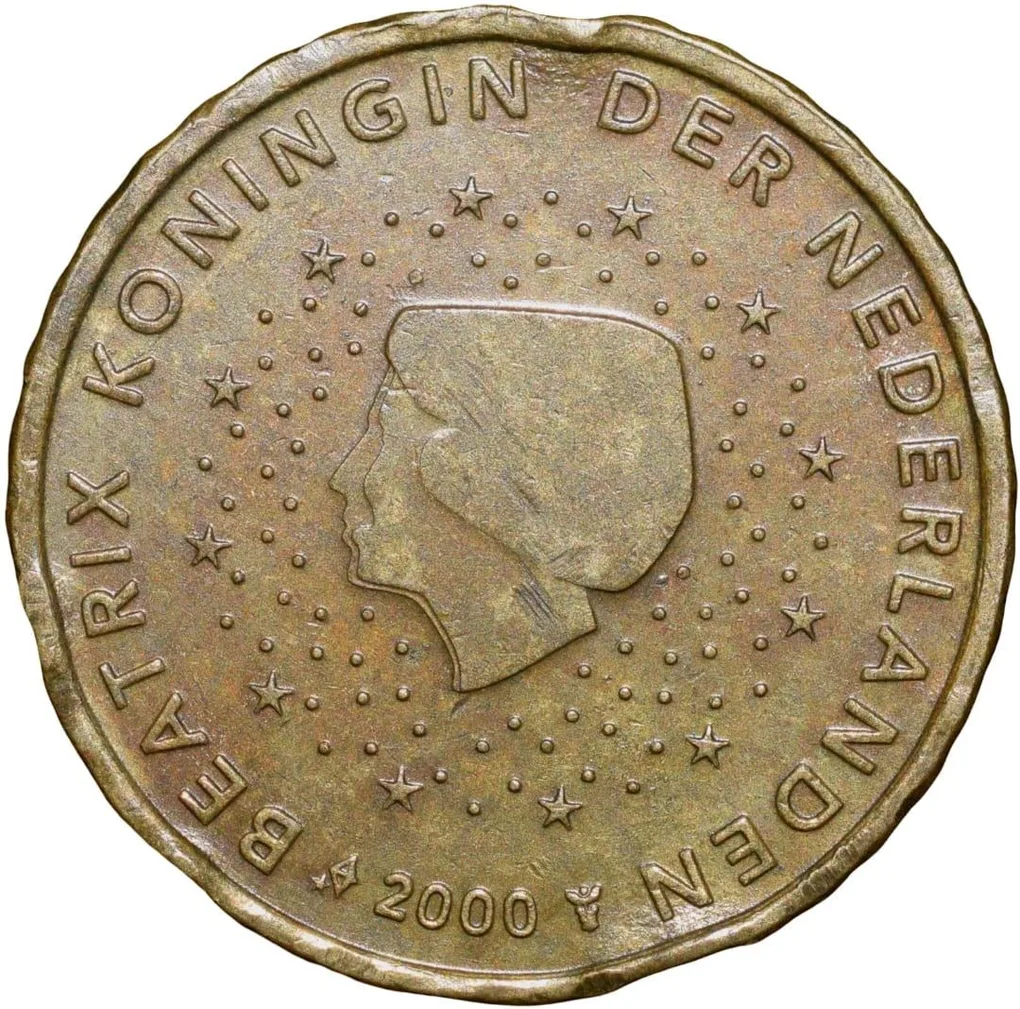 Brass 10 Euro Cents of Nederland (AD 2000) with Profile of Queen Beatrix/A map
