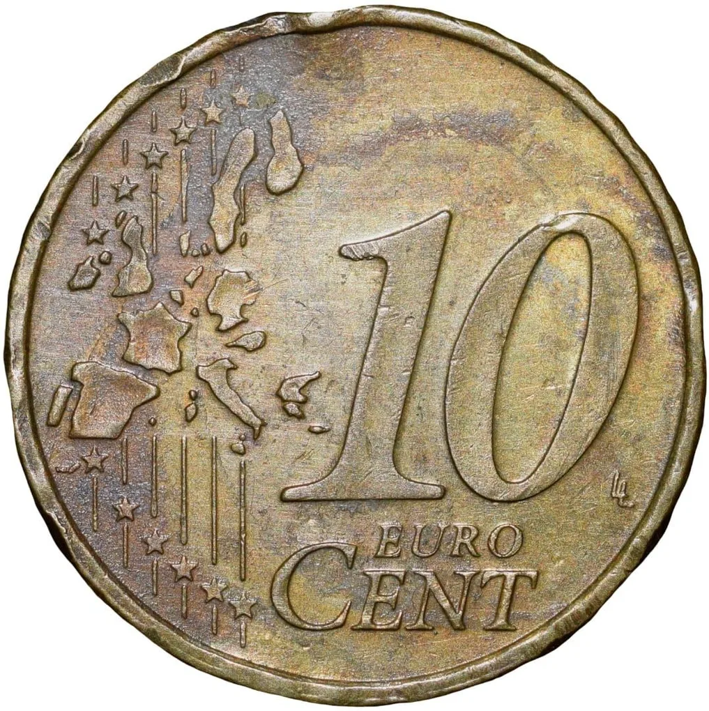 Brass 10 Euro Cents of Nederland (AD 2000) with Profile of Queen Beatrix/A map