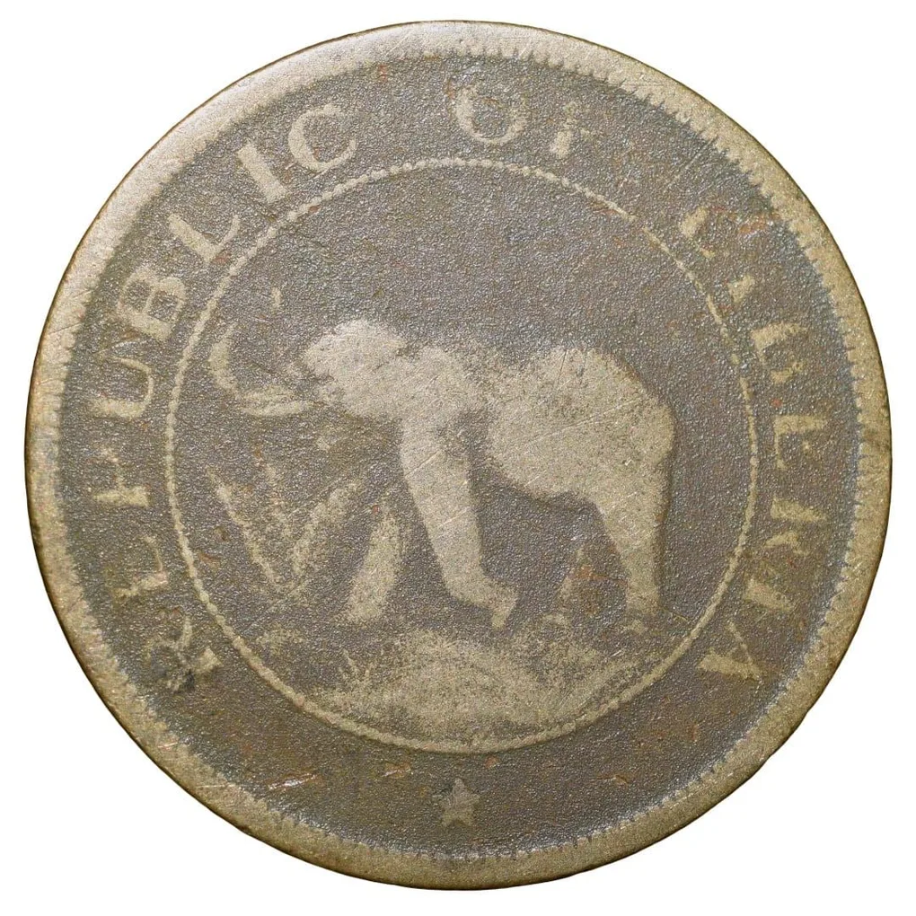 Old Nickel-Brass 2 Cents of Liberia (AD 1937) with Elephant/Palm Tree