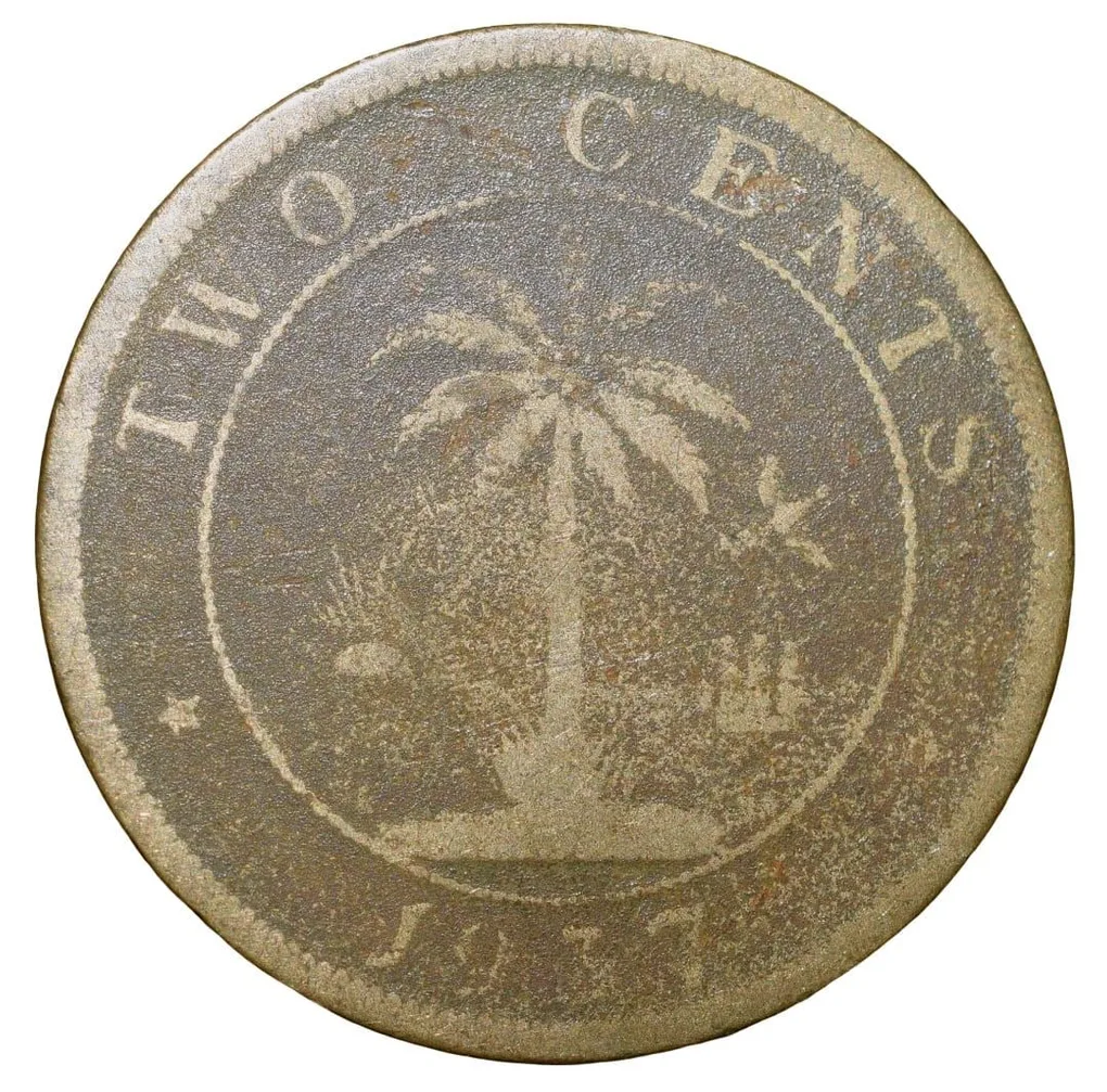Old Nickel-Brass 2 Cents of Liberia (AD 1937) with Elephant/Palm Tree