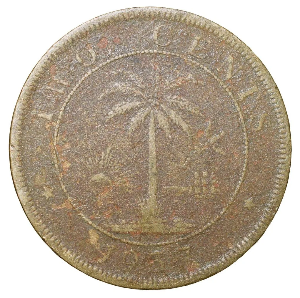 Old Nickel-Brass 2 Cents of Liberia (AD 1937) with Elephant/Palm Tree