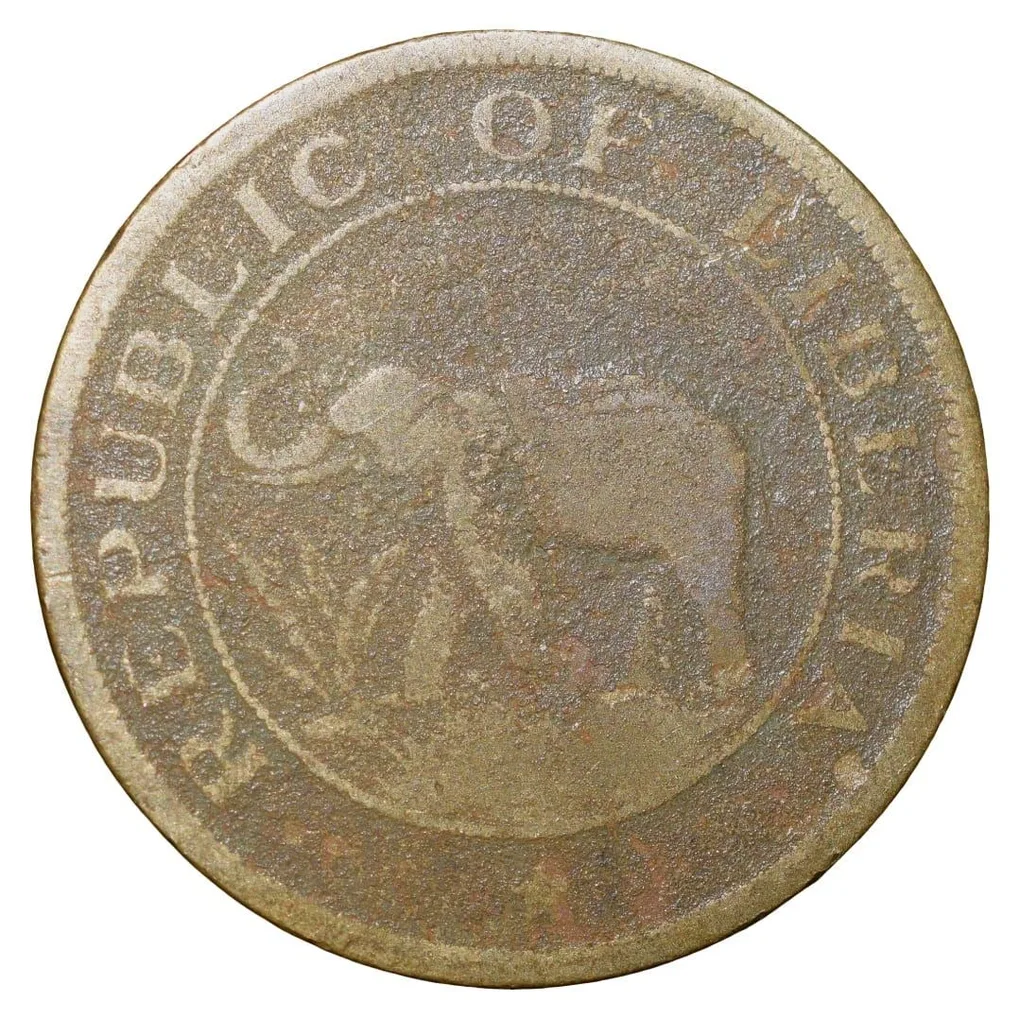 Old Nickel-Brass 2 Cents of Liberia (AD 1937) with Elephant/Palm Tree