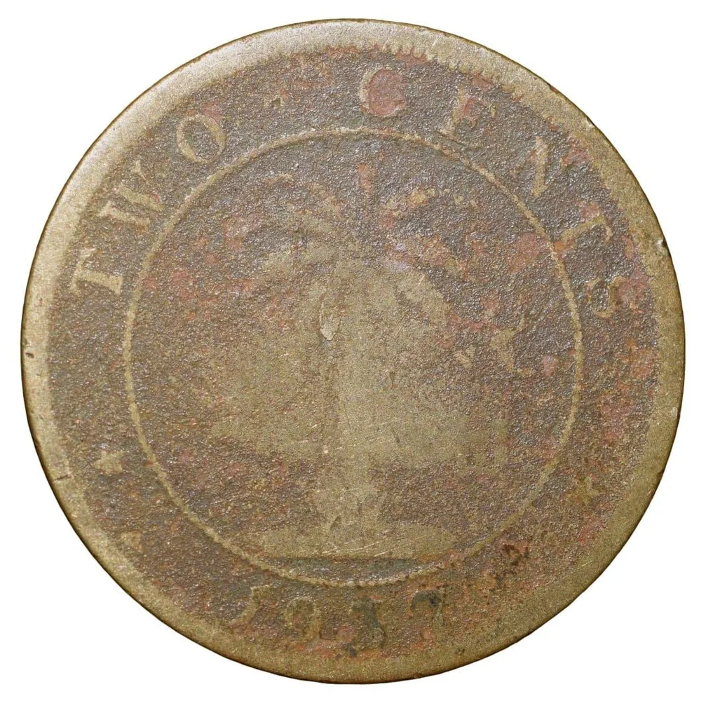 Old Nickel-Brass 2 Cents of Liberia (AD 1937) with Elephant/Palm Tree