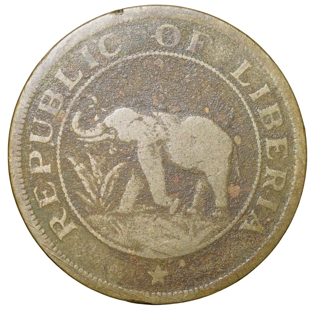 Old Nickel-Brass 2 Cents of Liberia (AD 1937) with Elephant/Palm Tree