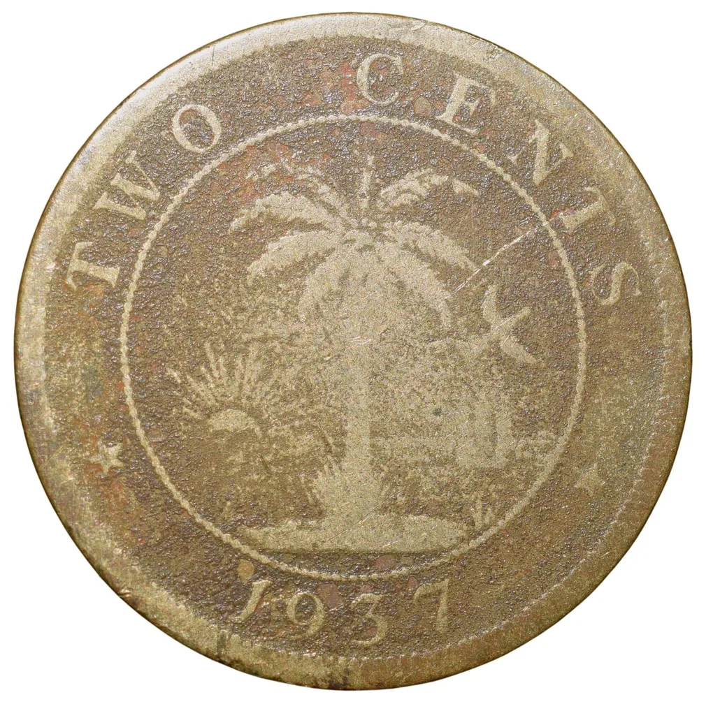 Old Nickel-Brass 2 Cents of Liberia (AD 1937) with Elephant/Palm Tree