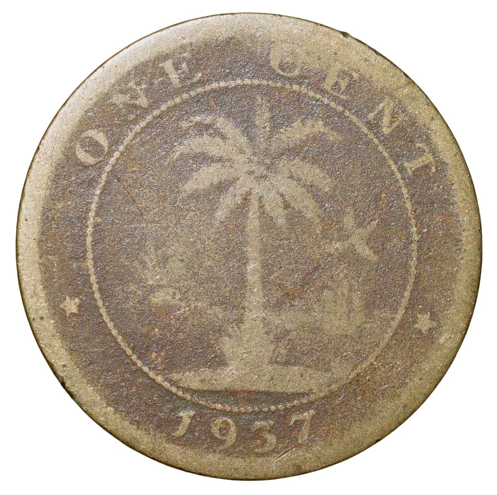 Old Nickel-Brass 1 Cent of Liberia (AD 1937) with Elephant/Palm Tree