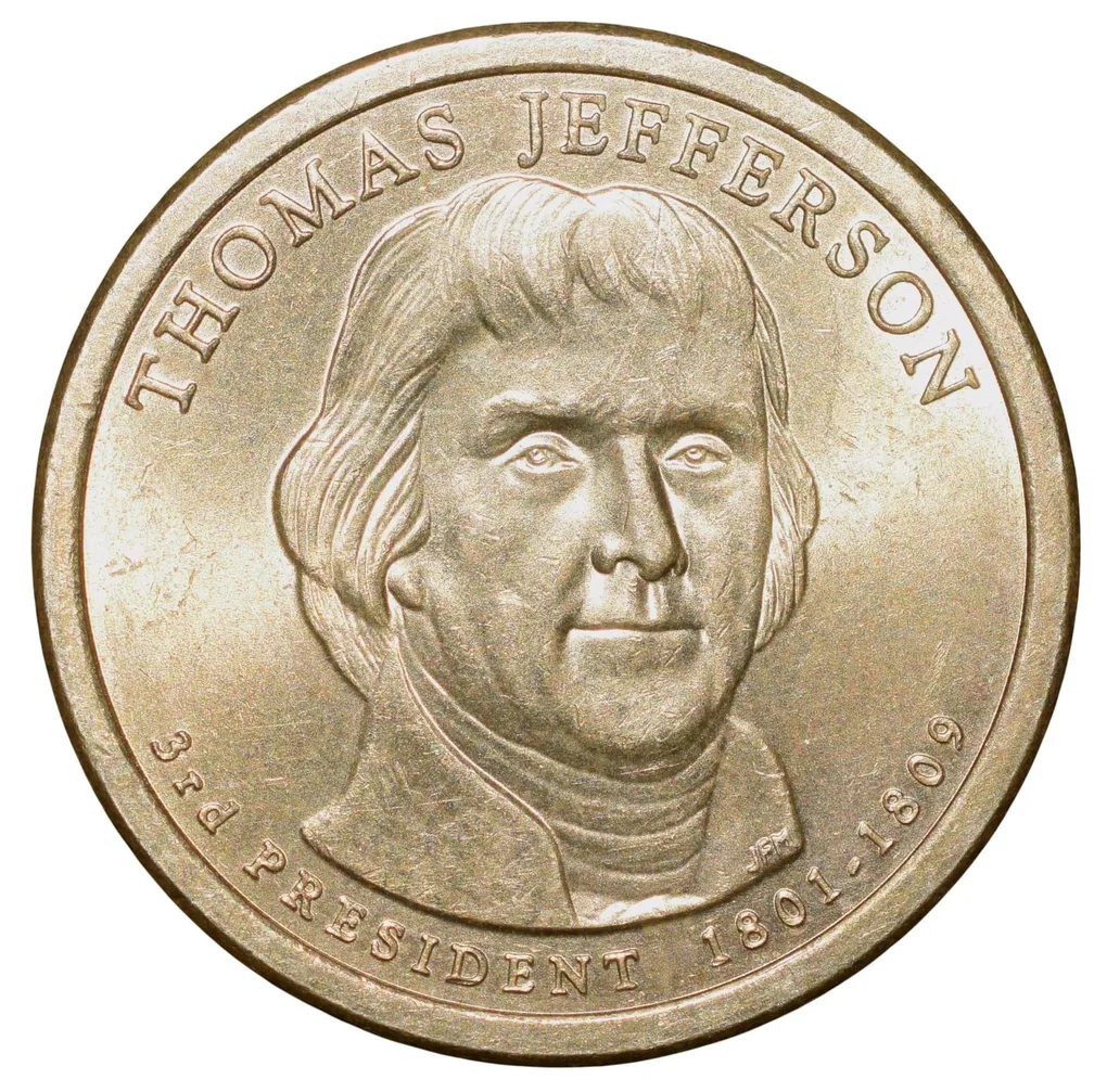 Brass 1 Dollar of United States of America (AD 2007) Commemorative Issue 'Thomas Jefferson' - 3rd President - 1801-1809