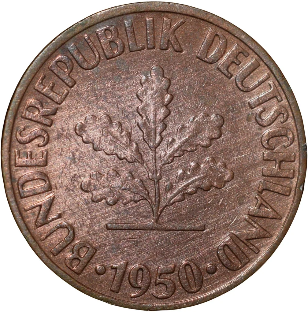 Brass 10 Pfennig of Germany (AD 1950) with Oak Sapling
