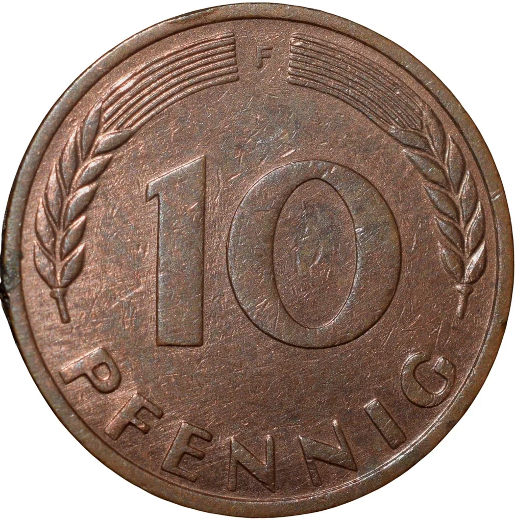 Brass 10 Pfennig of Germany (AD 1950) with Oak Sapling