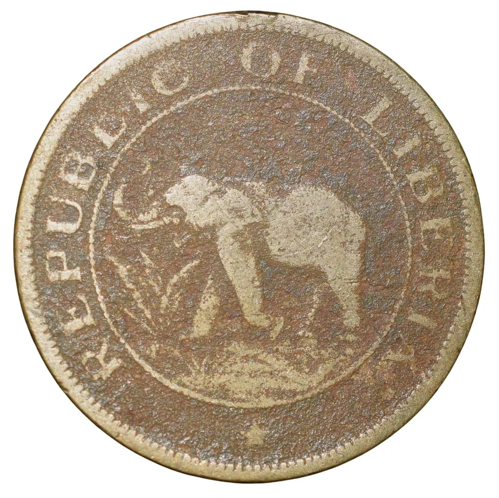 Old Nickel-Brass 2 Cents of Liberia (AD 1937) with Elephant/Palm Tree