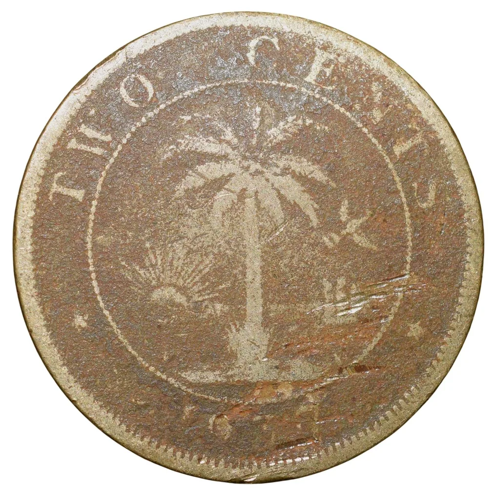 Old Nickel-Brass 2 Cents of Liberia (AD 1937) with Elephant/Palm Tree