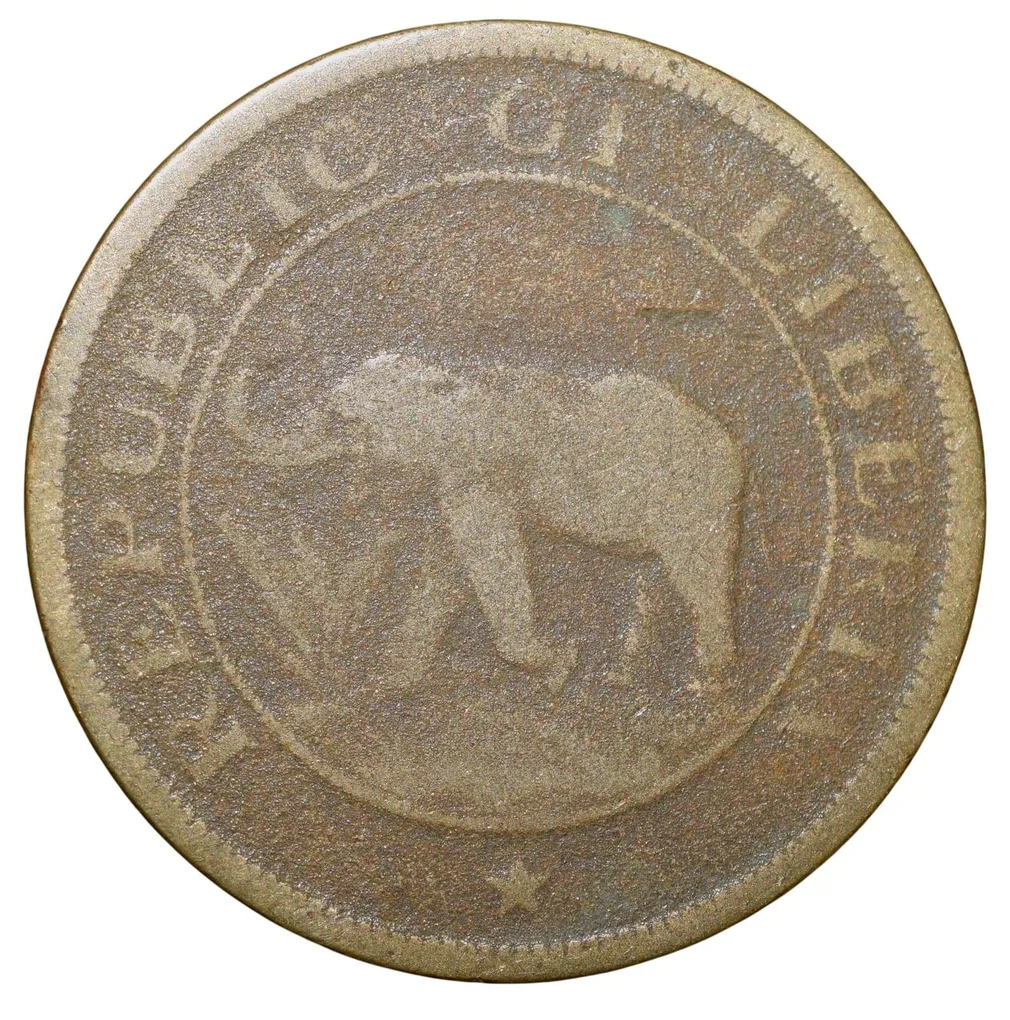 Old Nickel-Brass 2 Cents of Liberia (AD 1937) with Elephant/Palm Tree