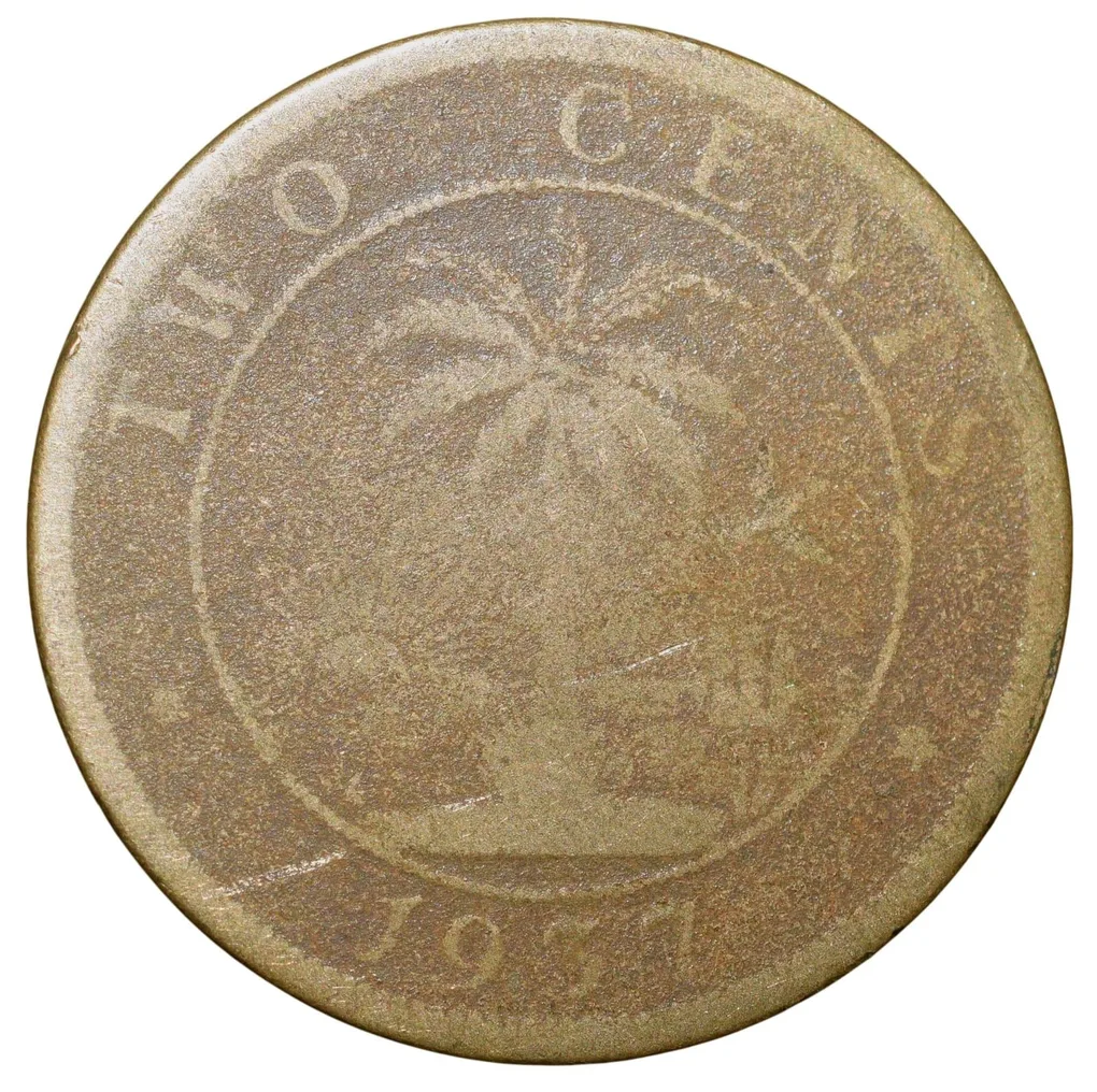 Old Nickel-Brass 2 Cents of Liberia (AD 1937) with Elephant/Palm Tree