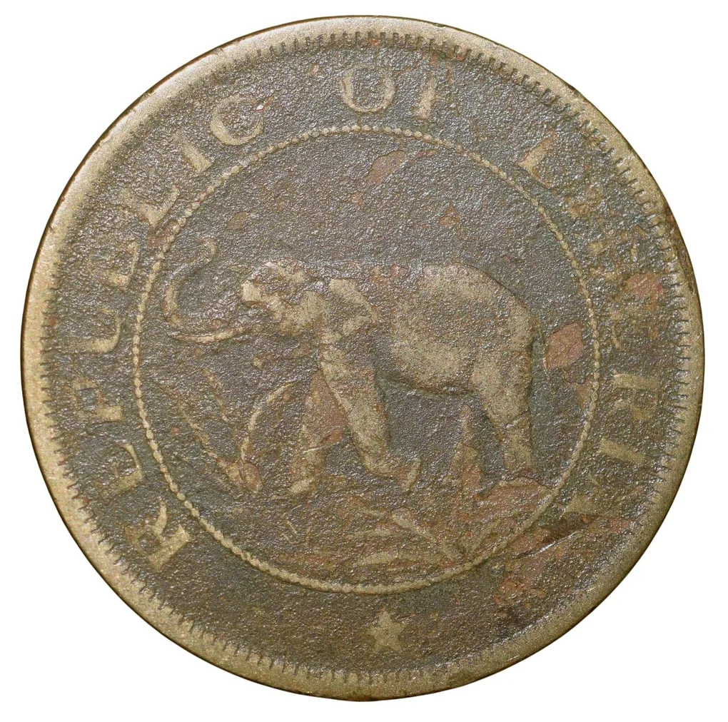 Old Nickel-Brass 2 Cents of Liberia (AD 1937) with Elephant/Palm Tree