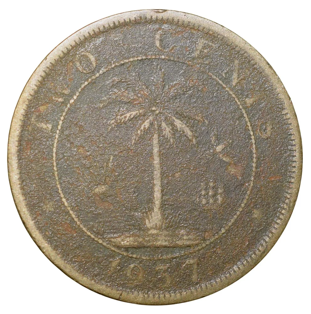 Old Nickel-Brass 2 Cents of Liberia (AD 1937) with Elephant/Palm Tree