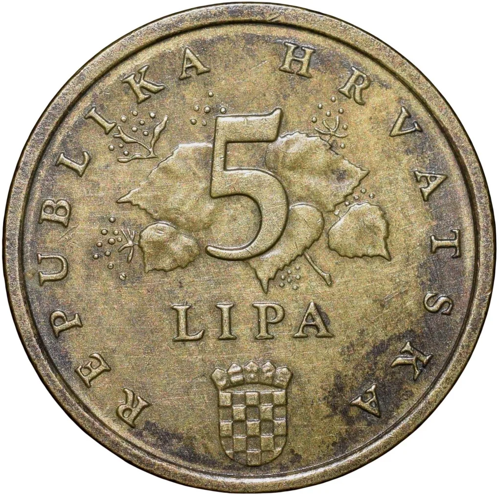 Brass 5 Lipa of Croatia Country (AD 2003) with A branch of Red Oak