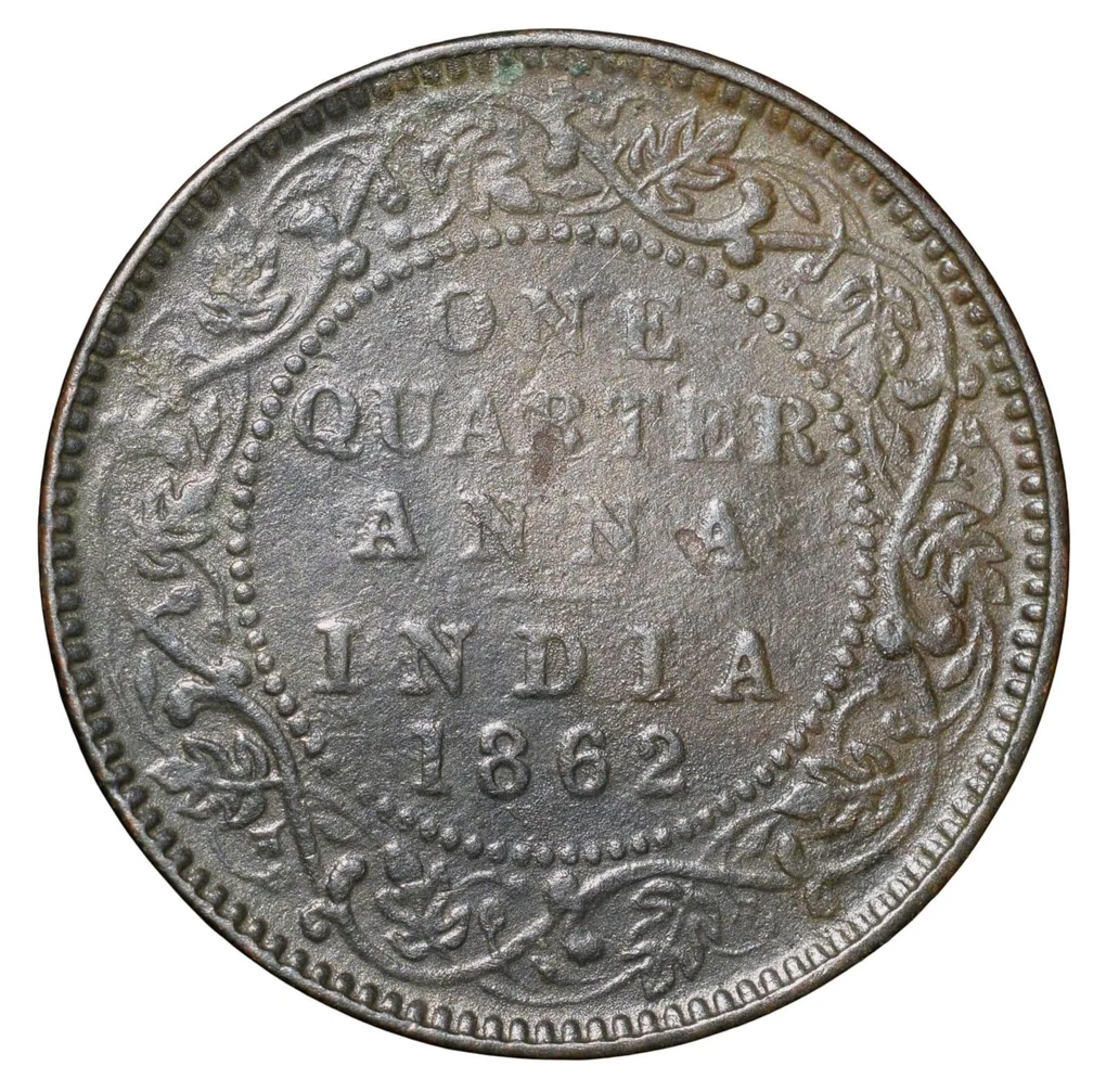 Copper 1/4 Anna of Victoria Queen (AD 1862) of Calcutta Mint of Reverse Type 1