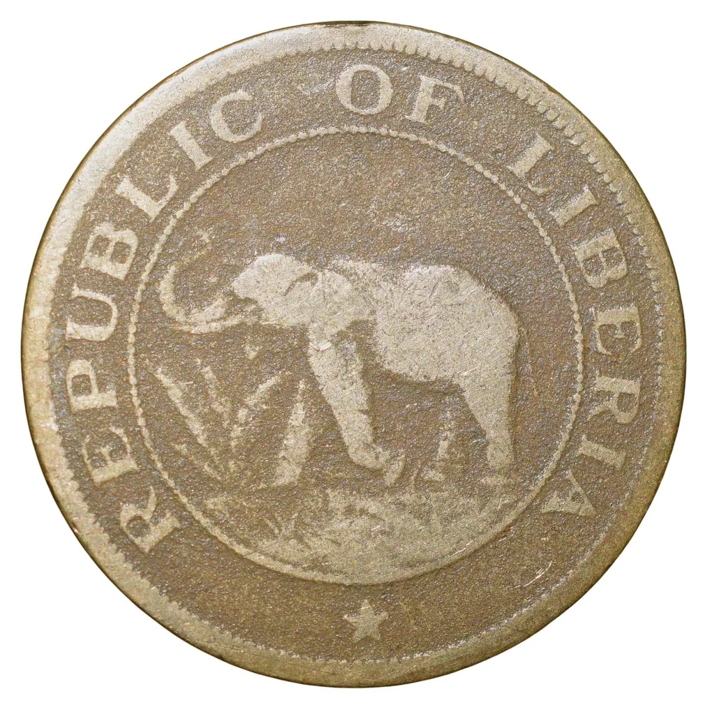Old Nickel-Brass 2 Cents of Liberia (AD 1937) with Elephant/Palm Tree