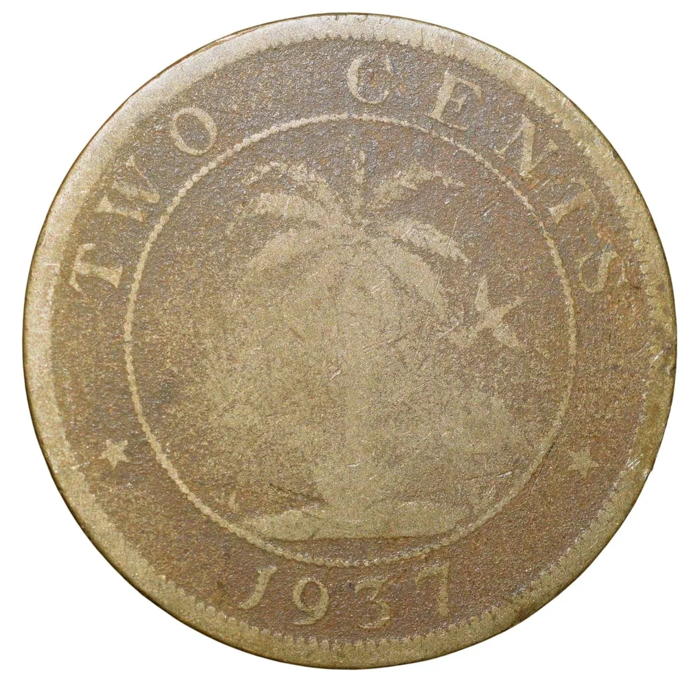 Old Nickel-Brass 2 Cents of Liberia (AD 1937) with Elephant/Palm Tree