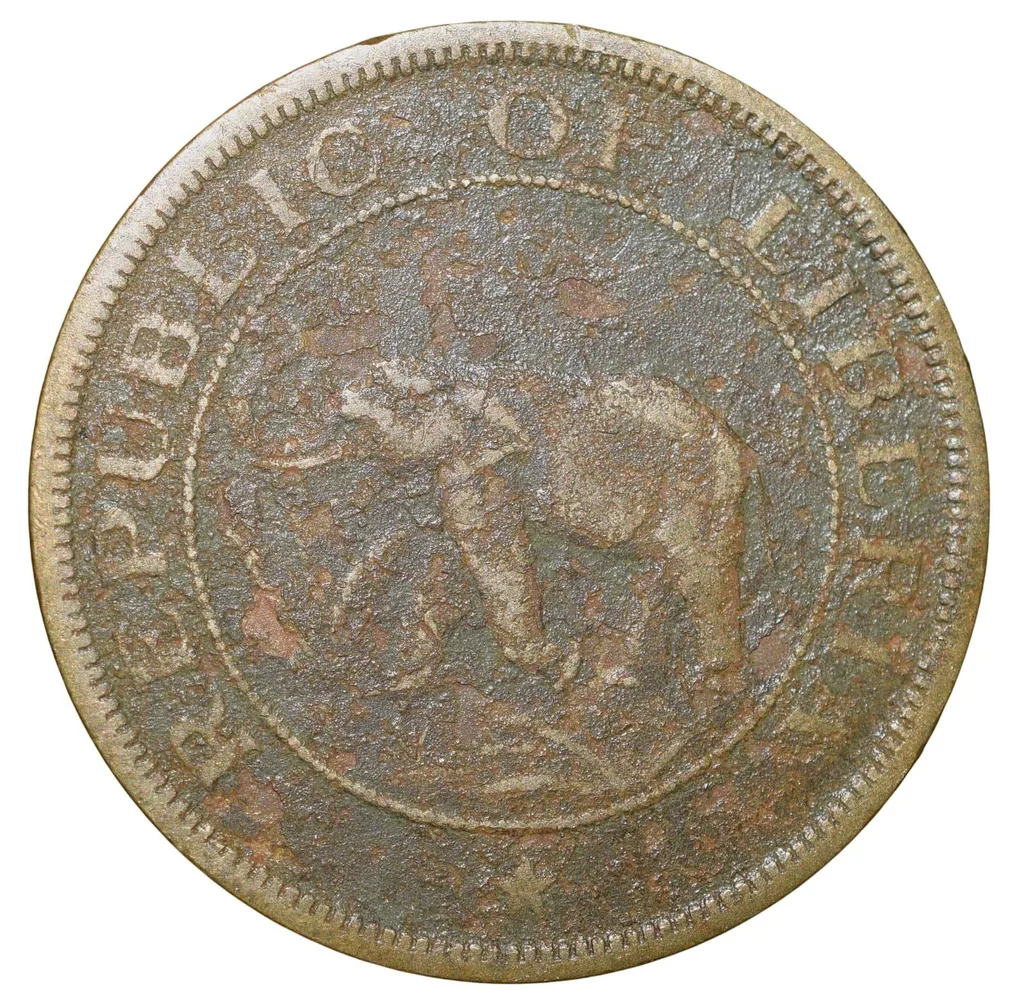 Old Nickel-Brass 2 Cents of Liberia (AD 937) with Elephant/Palm Tree