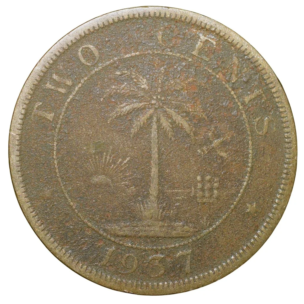 Old Nickel-Brass 2 Cents of Liberia (AD 937) with Elephant/Palm Tree