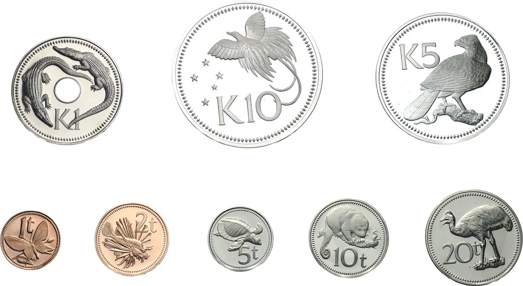 Firdt Coinage Of Papua New Guinea Proof Set Minted At The Franklin Mint ; 1 - 2 - 5 - 10 - 20 Toea & 1 - 5 - 10 Kina 1975 ; In Original Box Rare (8 Coin Set) Included 2 Silver Coin
