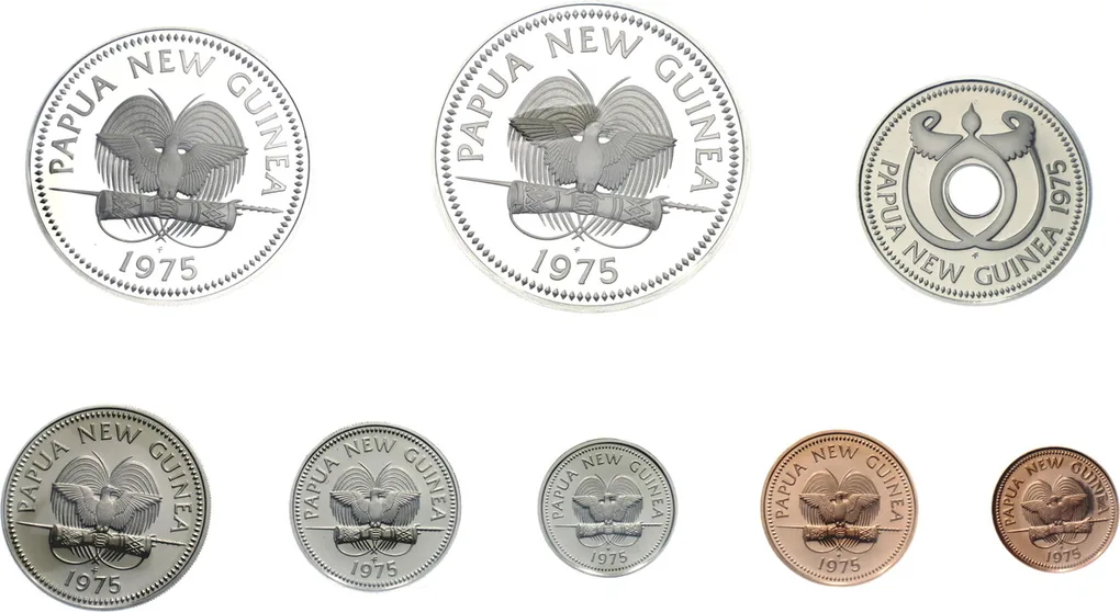 Firdt Coinage Of Papua New Guinea Proof Set Minted At The Franklin Mint ; 1 - 2 - 5 - 10 - 20 Toea & 1 - 5 - 10 Kina 1975 ; In Original Box Rare (8 Coin Set) Included 2 Silver Coin