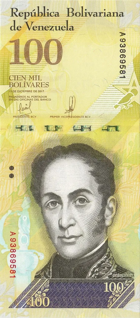 100,000 Bolivares of Venezuela (AD 2017) with Cardenalito (Red siskin) Bird UNC Grade
